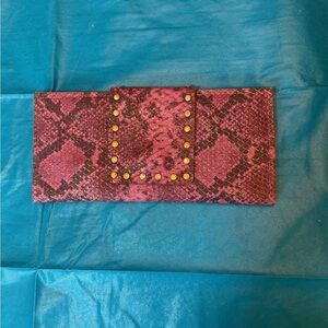Pink Snake-Print Studded Envelope Clutch